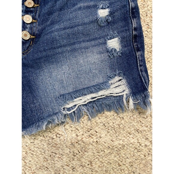 28 Kancan High Rise Exposed Button Fly Distressed Raw Fray Hem Shorts - Picture 2 of 4